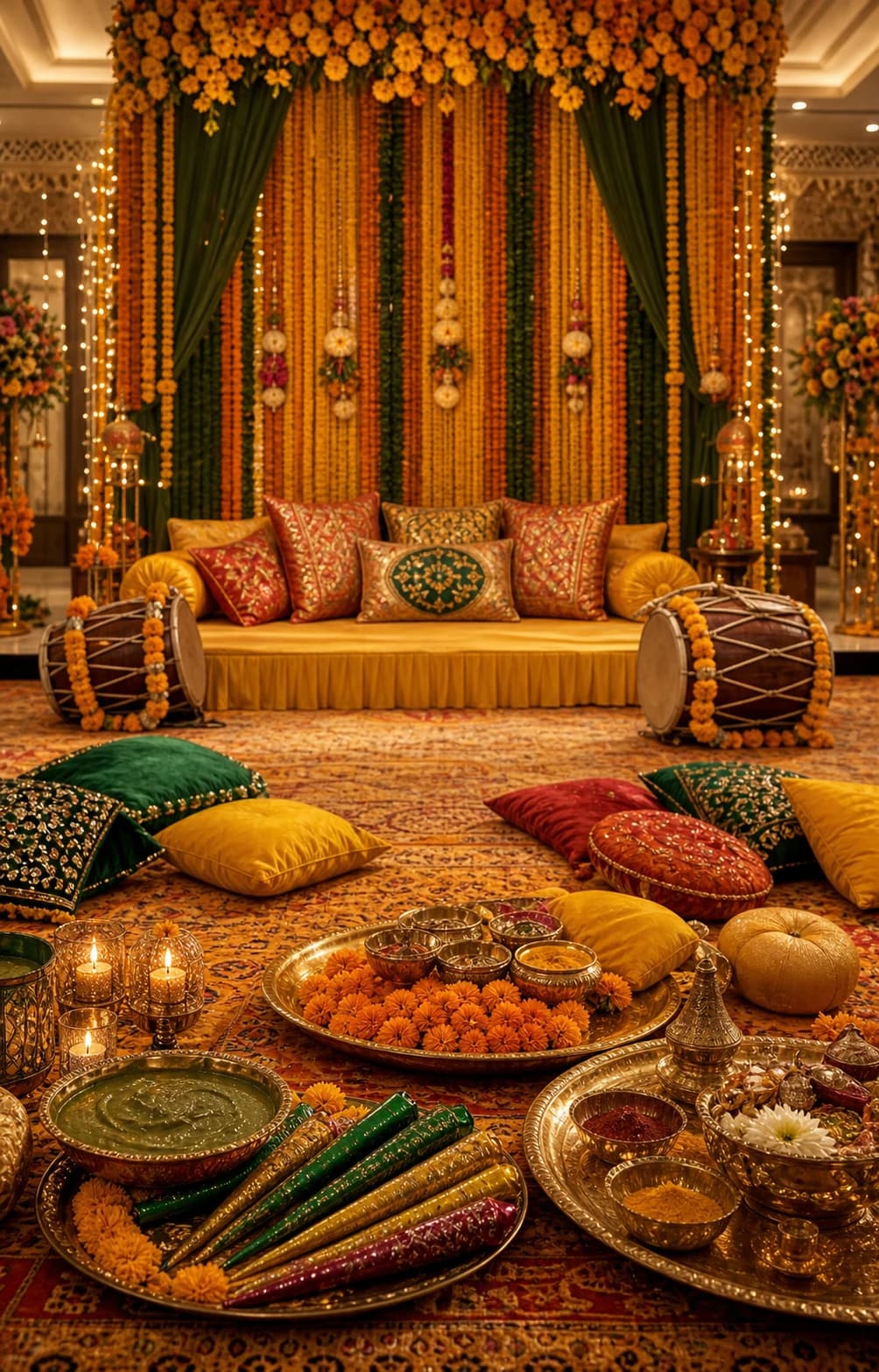 Luxury Mehndi stage with marigold garlands, henna cones, dholki drums, and colorful cushions