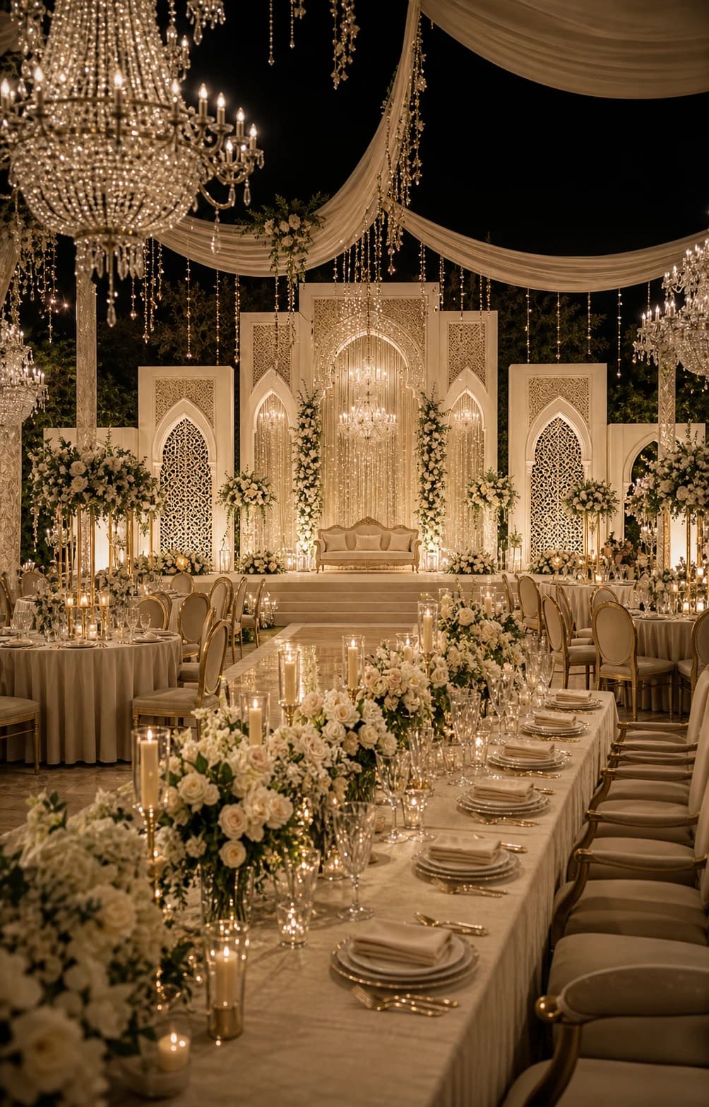 Luxury Valima reception with ivory banquet tables, chandeliers, florals, and champagne decor
